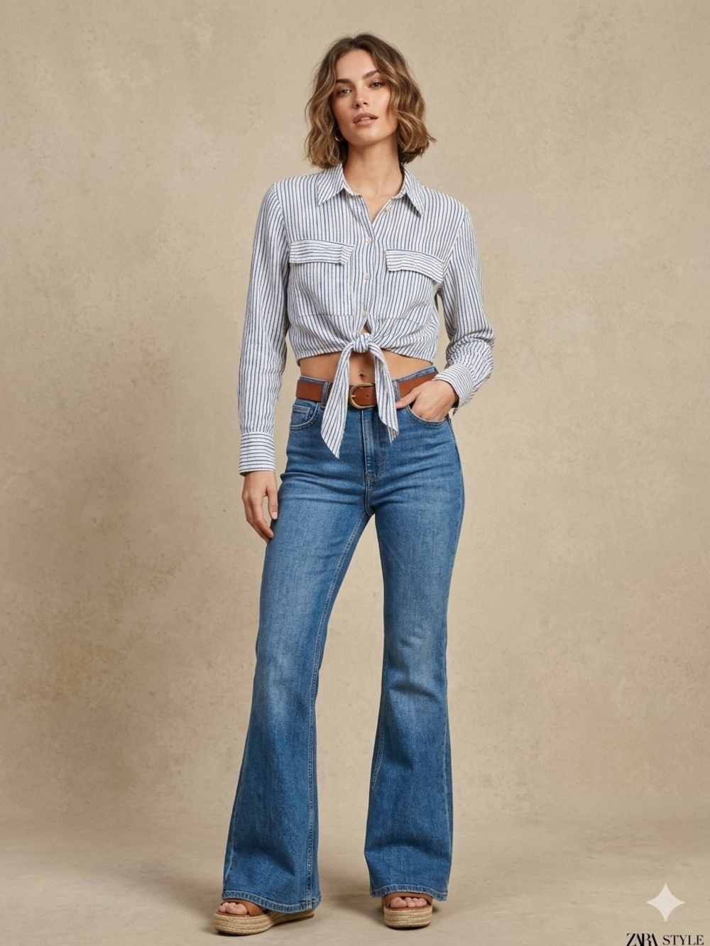 Zara Striped Cropped Tie-Front Long Sleeve Shirt Size M